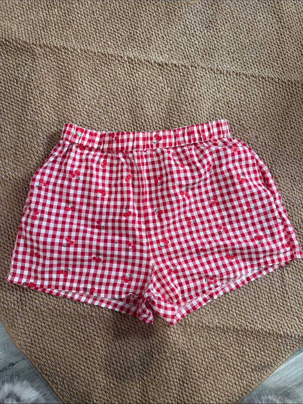 Ash Red and White Gingham High-Waist Shorts with Cherry Accents